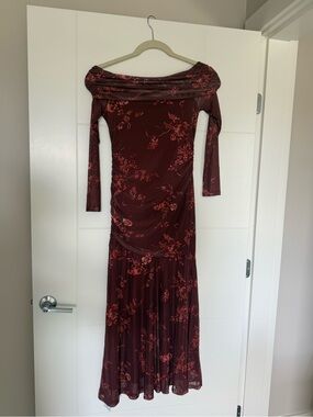 Off-Shoulder Burgundy Floral Evening Dress